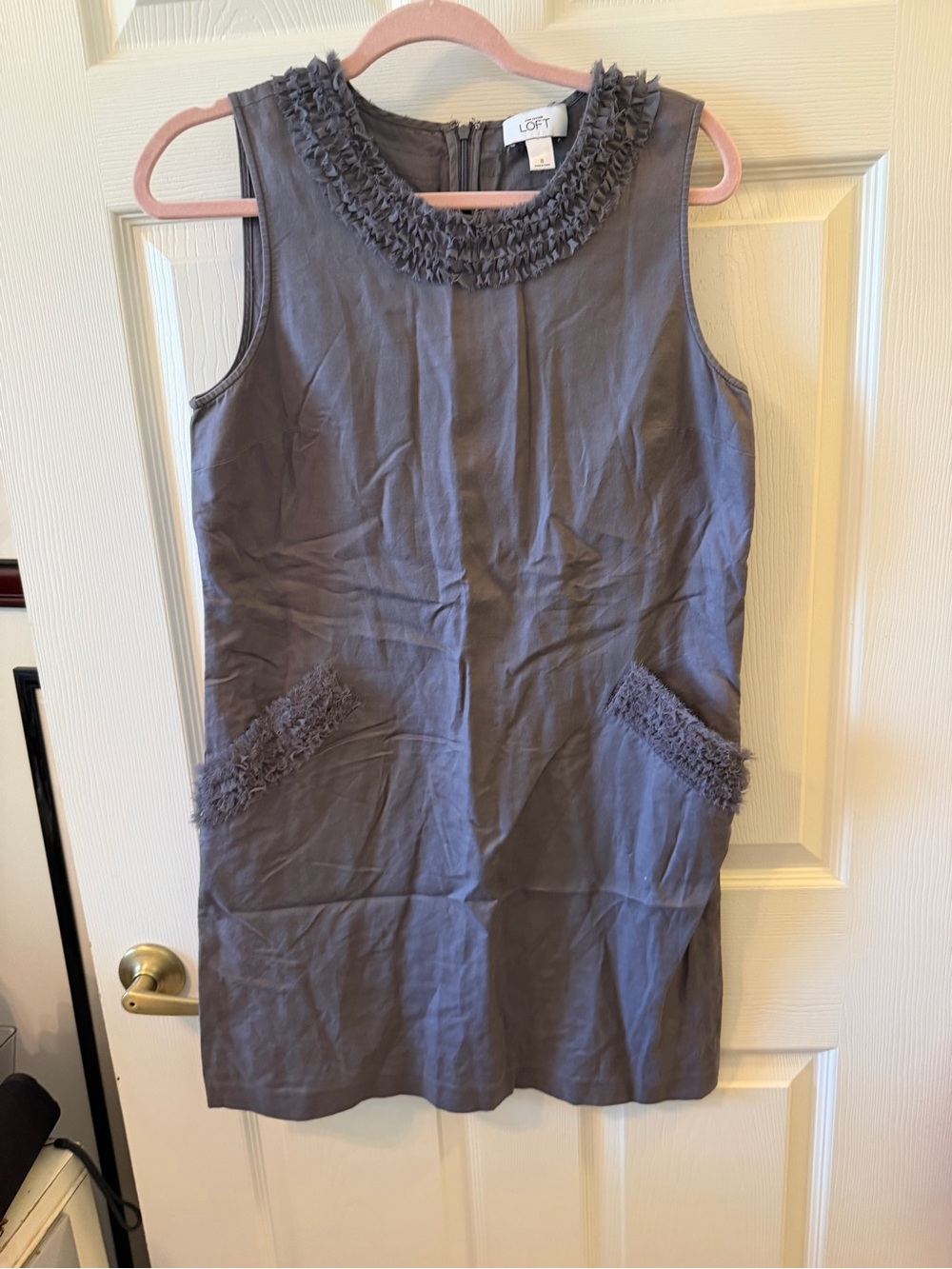 LOFT Sleeveless Charcoal Gray Mini Dress with Ruffle Trim